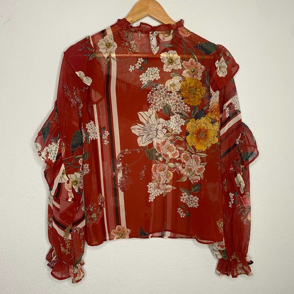 DRA Hazel Red Floral Ruffle Blouse XS - Picture 6 of 6